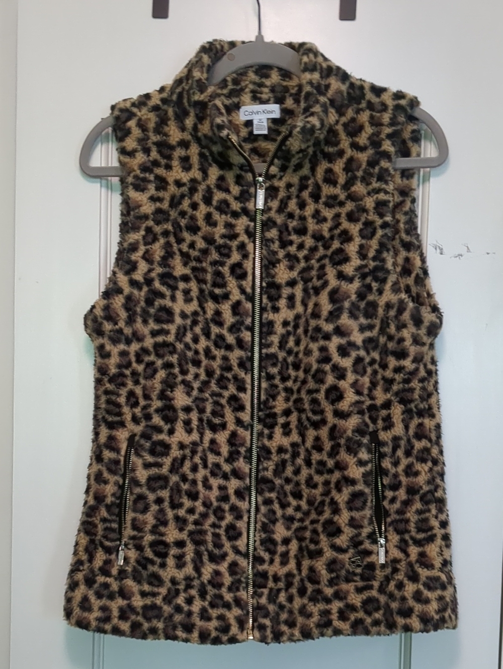 Calvin Klein Leopard Faux-Fur Zip Vest in Brown and Black Sz Ch Small
